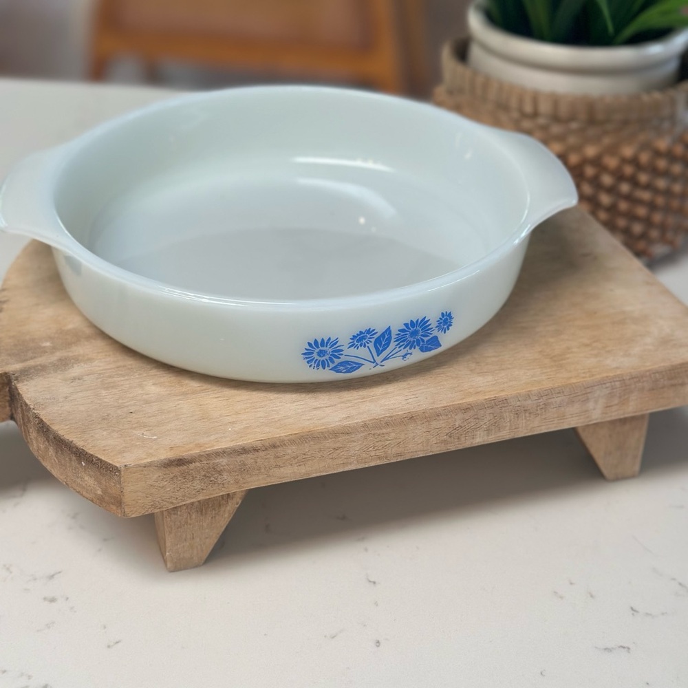 Vintage Anchor Hocking White Baking Dish with Blue Floral Design